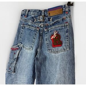 Rocawear Kids 7 Y2K Baggy Wide Leg Jeans Red Stitching Embroidered Logo Denim